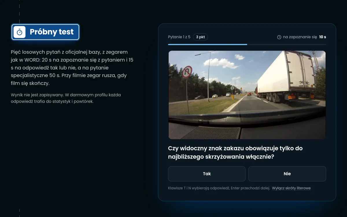 Mini-test w trybie Prawka: pytanie 1 z 5 za 3 punkty ze zdjęciem z drogi, odliczaniem czasu na zapoznanie się z pytaniem i przyciskami Tak i Nie.