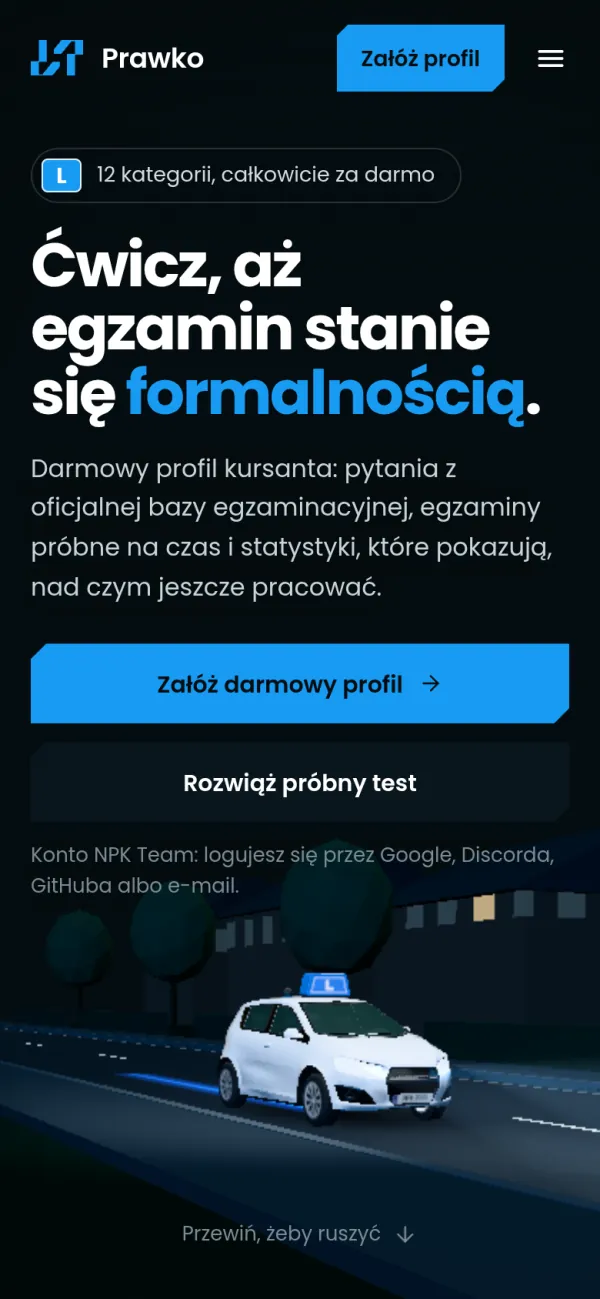 Prawko na telefonie: strona główna z&nbsp;hasłem „Ćwicz, aż egzamin stanie się formalnością.”, przyciskami „Załóż darmowy profil” i&nbsp;„Rozwiąż próbny test” oraz sceną 3D z&nbsp;samochodem nauki jazdy.