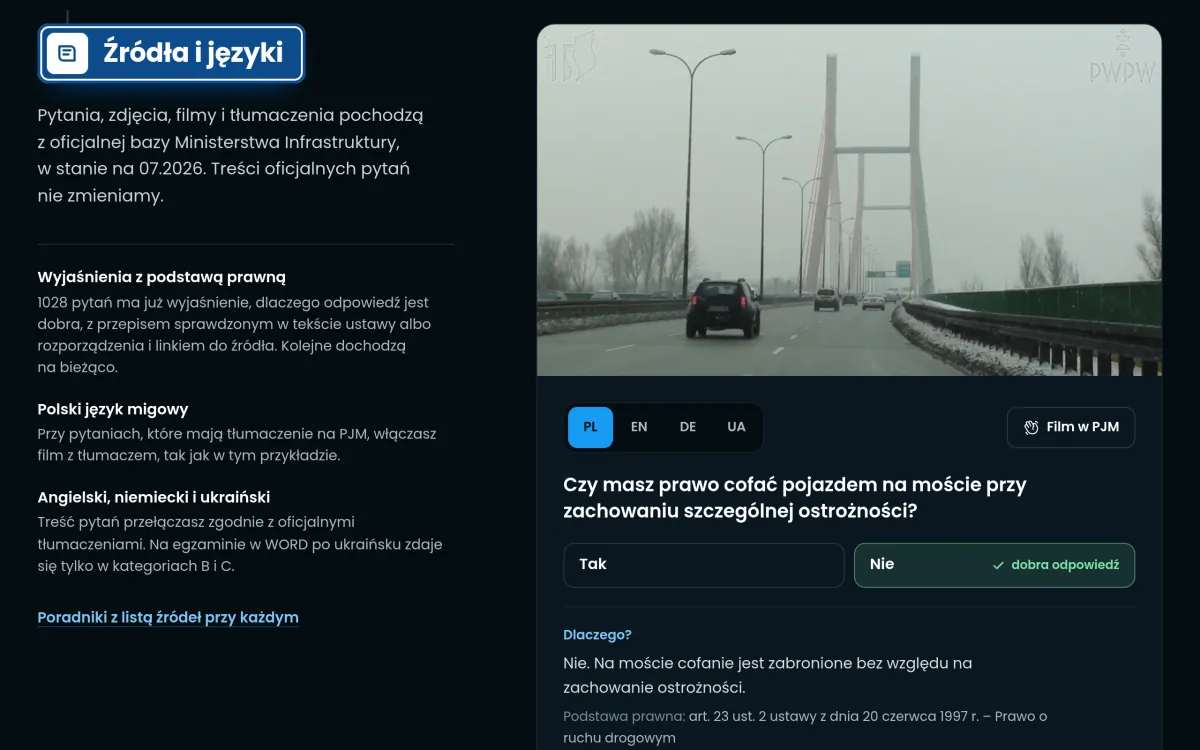 Sekcja „Źródła i języki”: pytanie z oficjalnej bazy z filmem, przełącznikiem języka PL, EN, DE i UA, przyciskiem „Film w PJM” oraz wyjaśnieniem odpowiedzi z podstawą prawną.