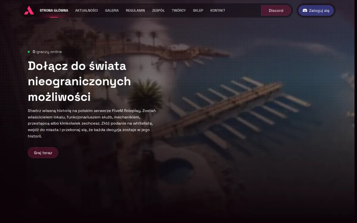 Strona główna Project Aurora: nawigacja od Strony głównej po Kontakt, przyciski Discord i&nbsp;„Zaloguj się”, licznik graczy online, hasło „Dołącz do świata nieograniczonych możliwości” i&nbsp;przycisk „Graj teraz” na tle przystani z&nbsp;gry.