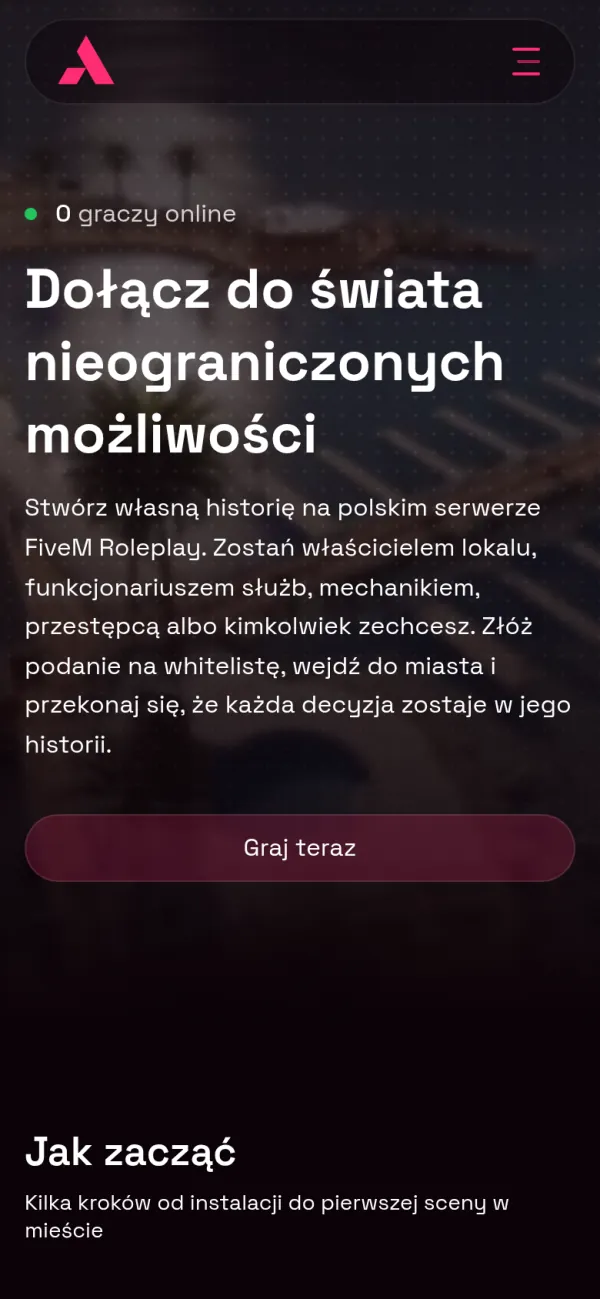 Strona główna Project Aurora na telefonie: logo, przycisk menu, licznik graczy online, hasło „Dołącz do świata nieograniczonych możliwości”, przycisk „Graj teraz” i&nbsp;początek sekcji „Jak zacząć”.