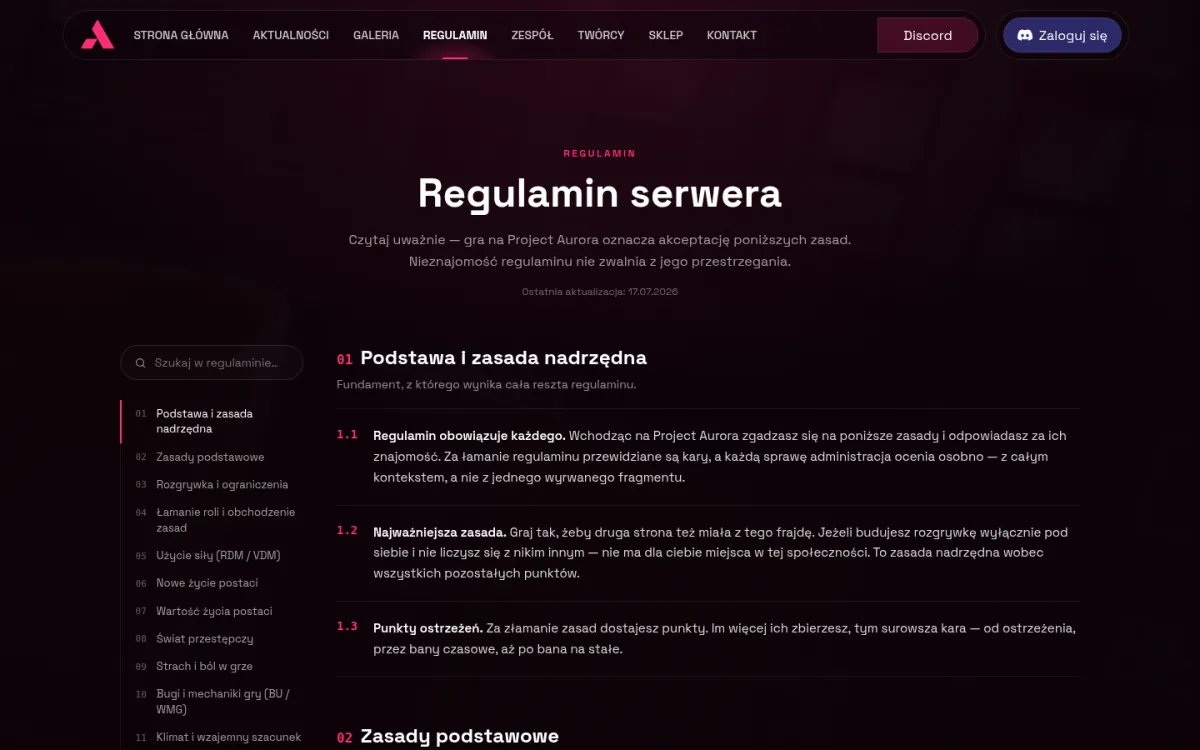 „Regulamin serwera” z&nbsp;datą ostatniej aktualizacji 17.07.2026, polem „Szukaj w&nbsp;regulaminie”, numerowanym spisem rozdziałów po lewej i&nbsp;punktami rozdziału „Podstawa i&nbsp;zasada nadrzędna”.