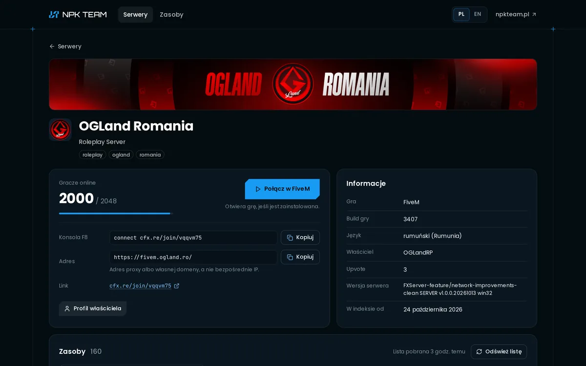 Strona serwera: baner, nazwa, liczba graczy online, przycisk „Połącz w FiveM”, komenda konsoli F8 z przyciskiem kopiowania i panel informacji.