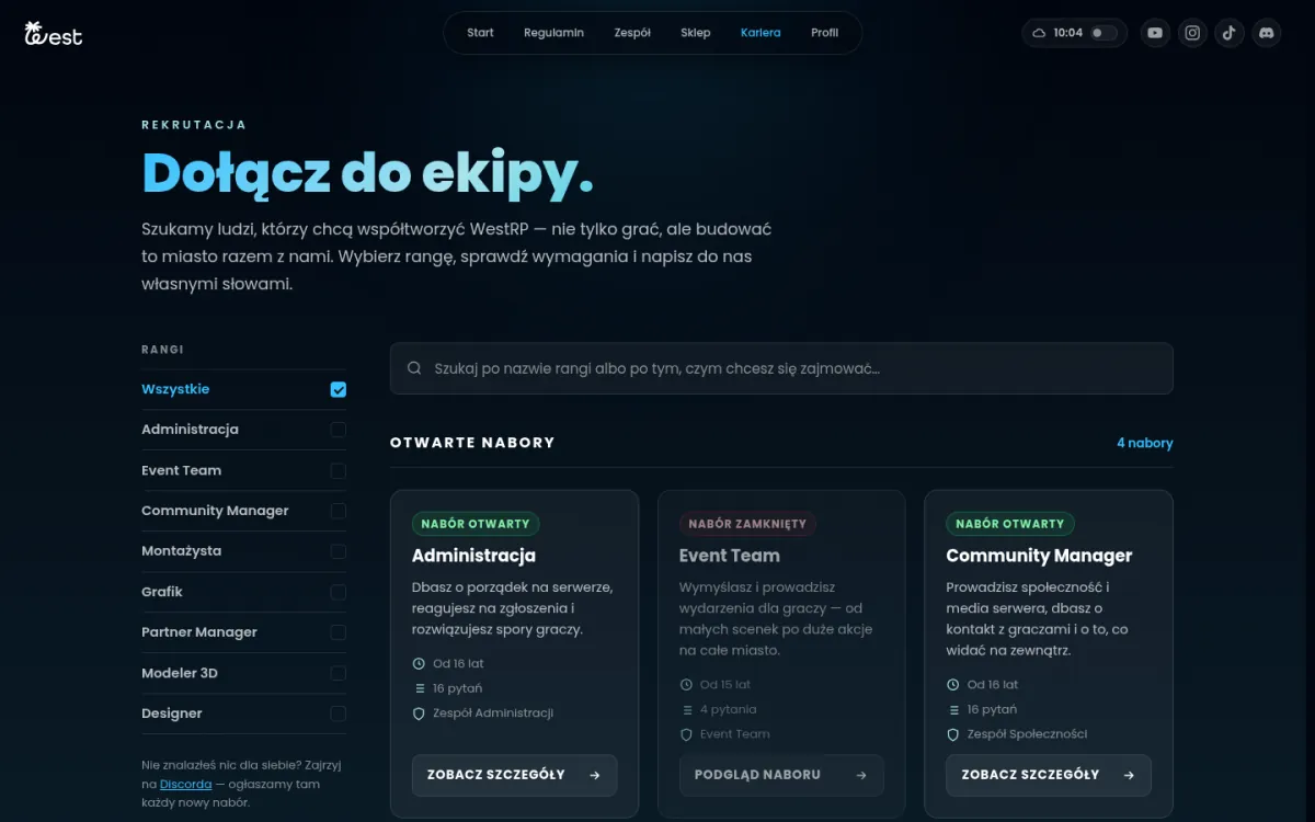Strona „Dołącz do ekipy.”: lista rang z polami wyboru, wyszukiwarka i karty naborów Administracja, Event Team i Community Manager z oznaczeniem otwarty lub zamknięty, wymaganym wiekiem i liczbą pytań.