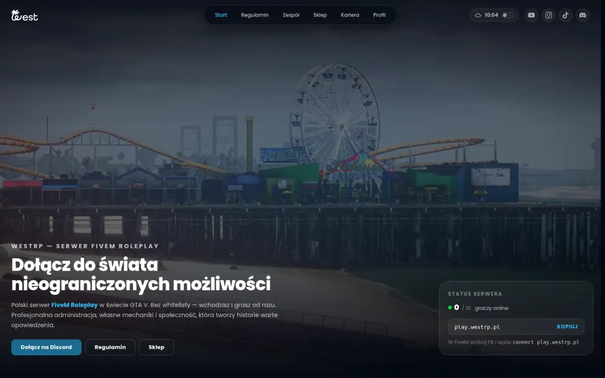 Strona główna WestRP: nawigacja Start, Regulamin, Zespół, Sklep, Kariera i&nbsp;Profil, hasło „Dołącz do świata nieograniczonych możliwości” na tle molo z&nbsp;diabelskim młynem z&nbsp;gry, przyciski „Dołącz na Discord”, „Regulamin” i&nbsp;„Sklep” oraz panel statusu serwera z&nbsp;liczbą graczy online i&nbsp;adresem do skopiowania.