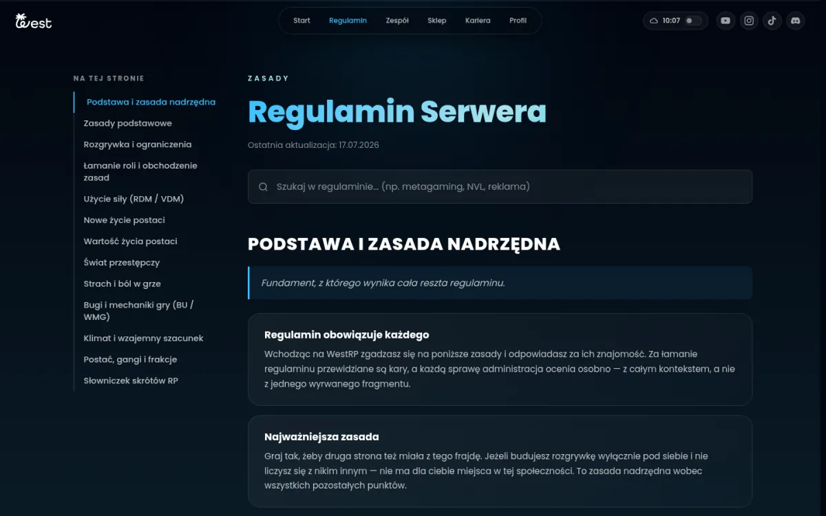 „Regulamin Serwera” z listą rozdziałów „Na tej stronie” po lewej, datą ostatniej aktualizacji 17.07.2026, polem wyszukiwania i pierwszym rozdziałem „Podstawa i zasada nadrzędna”.