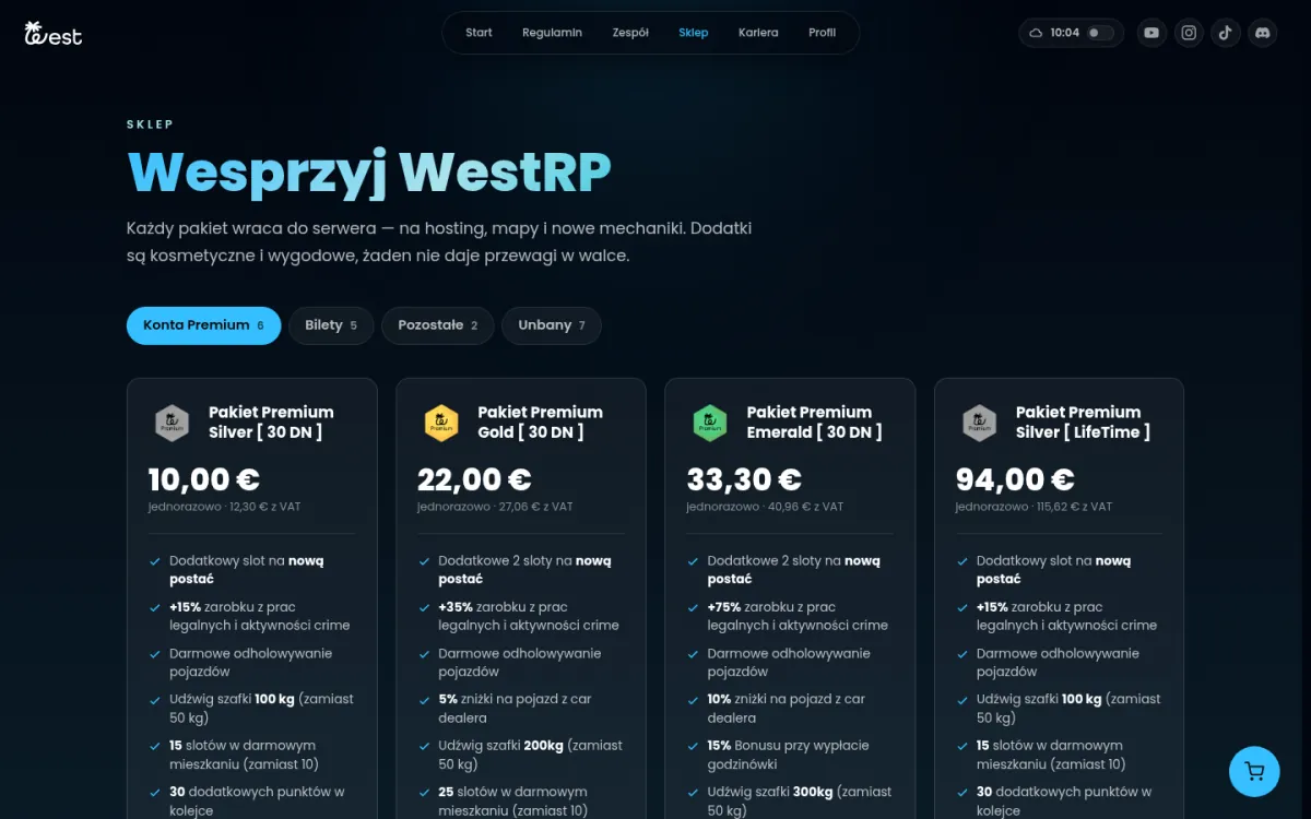 Strona „Wesprzyj WestRP”: zakładki kategorii Konta Premium, Bilety, Pozostałe i Unbany, cztery karty pakietów z ceną w euro, ceną z VAT i listą korzyści oraz przycisk koszyka w rogu.